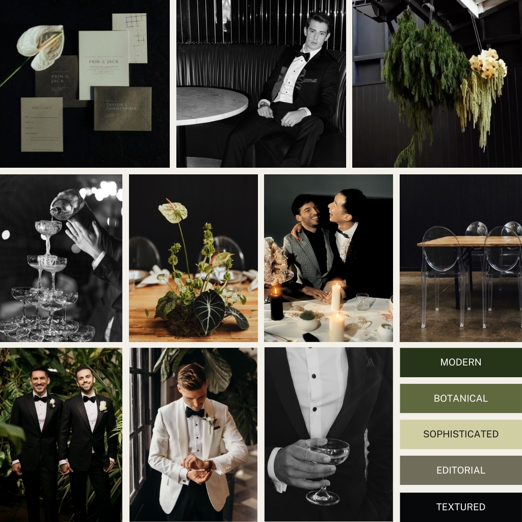 A mood board for a botanical-inspired wedding at the Tinsmith in Madison, Wisconsin