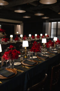 Ralph lauren inspired rehearsal dinner with red roses and table lamps